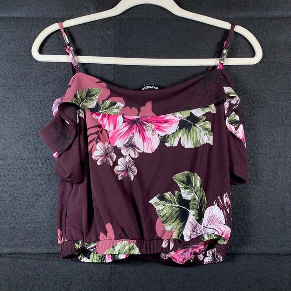 Express Womens Blouse Purple Multi Floral V Neck Cold Shoulder Crop Top Small - Picture 8 of 10